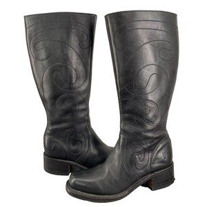 Frye SIZE 8.5 Supple Black Leather Swirl Tall Campus Boots w Chunky Heel